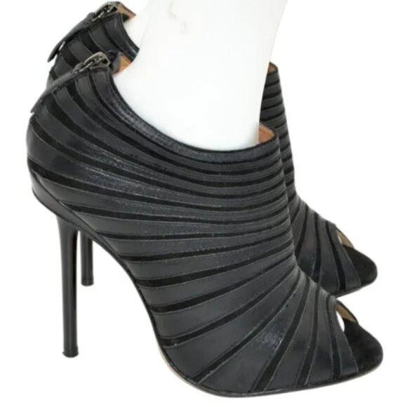 L.A.M.B. Stefani Y2K Black Leather Stiletto Peep Open Toe Booties Boots Heel 8.5 - Picture 6 of 11